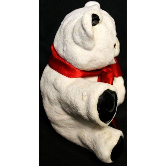VTG? Hand-Painted Heavy Ceramic Teddy Bear Coin Slot Bank White Black Red Ribbon - Picture 4 of 8